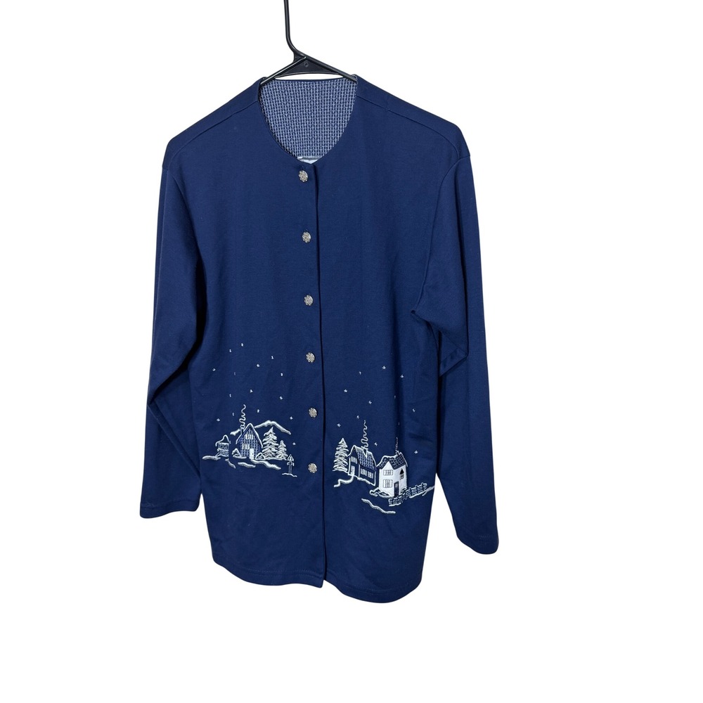 Navy Blue Embroidered Winter Scene Button Up Cardigan Women's Long Sleeve